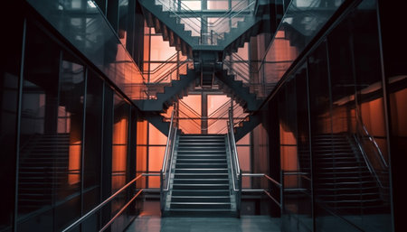 Futuristic steel staircase reflects bright blue light generated by artificial intelligenceの素材