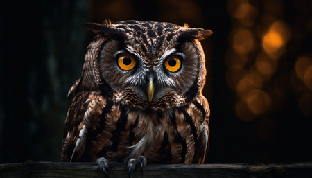 Great horned owl perching on snowy branch generated by artificial intelligenceの素材