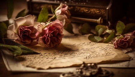 Antique book on table, single flower decoration generated by artificial intelligenceの素材