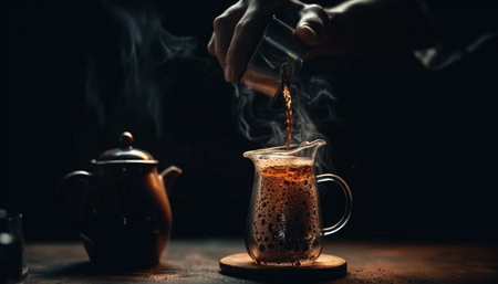 Hot coffee pouring into rustic wooden mug generated by artificial intelligenceの素材