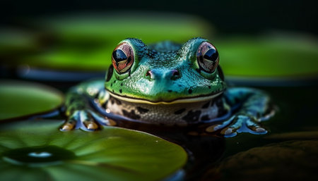 Green toad sitting on wet leaf staring generated by artificial intelligenceの素材