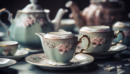 Hot drink set on ornate antique saucer generated by artificial intelligenceの素材