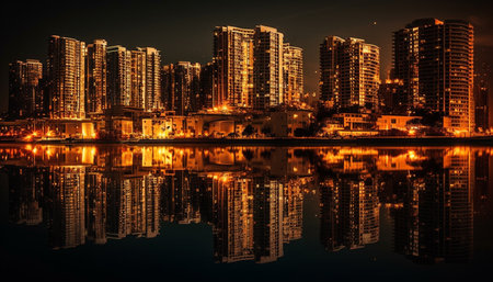Modern skyline reflects on waterfront at dusk generated by artificial intelligenceの素材
