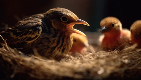Fluffy yellow hatchling peeks from chicken coop generated by artificial intelligenceの素材