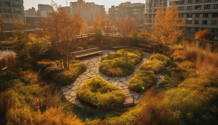 Vibrant autumn leaves adorn tranquil bench outdoors generated by artificial intelligenceの素材