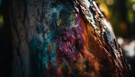 Green leaves on old tree trunk in forest generated by artificial intelligenceの素材