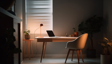 Modern office with laptop on wooden desk generated by artificial intelligenceの素材