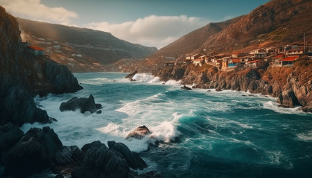 Beauty in nature Cliff, coastline, mountain, and sunset generated by artificial intelligenceの素材