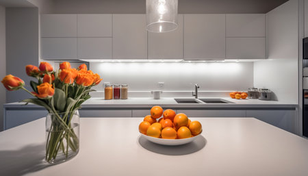 Fresh fruit and vegetables on modern table generated by artificial intelligenceの素材