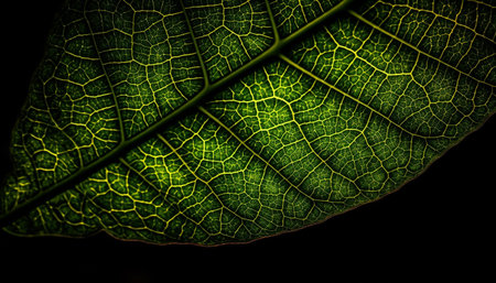Vibrant leaf vein pattern on black background generated by artificial intelligenceの素材