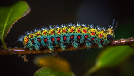 Multi colored caterpillar crawls on green plant leaf generated by artificial intelligenceの素材