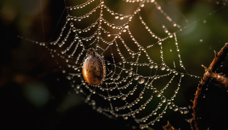 Spider web glistens with dew drops outdoors generated by artificial intelligenceの素材