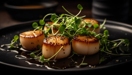 Grilled seafood fillet on fresh green salad generated by artificial intelligenceの素材