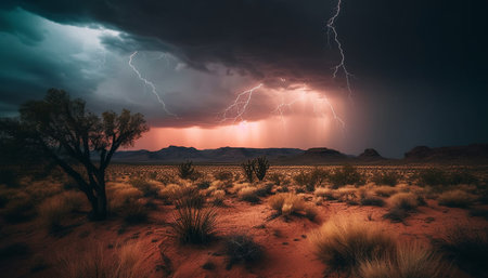 Majestic mountain landscape, dramatic sky at dusk generated by artificial intelligenceの素材
