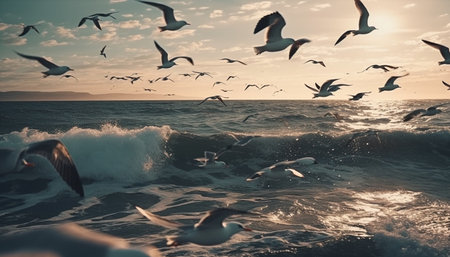 Seagull flying over sunset water, waves crash generated by artificial intelligenceの素材