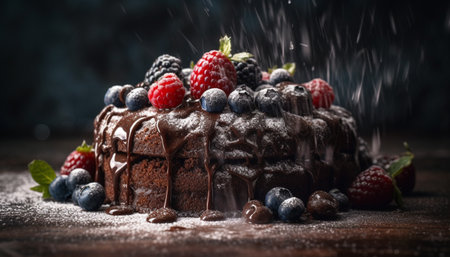 Freshly baked berry pie on rustic wood table generated by artificial intelligenceの素材