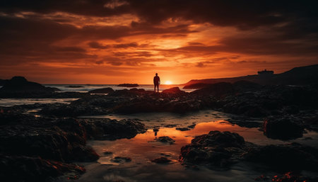 Silhouette standing on cliff, admiring serene seascape generated by artificial intelligenceの素材