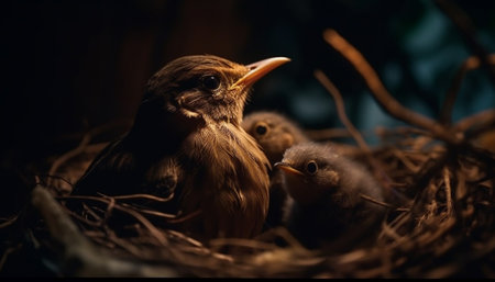 Newborn squab hatches, beauty in nature front view generated by artificial intelligenceの素材