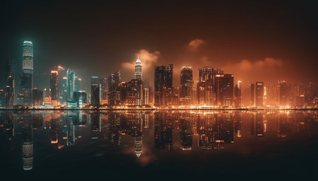 Illuminated skyline reflects on water at dusk generated by artificial intelligenceの素材