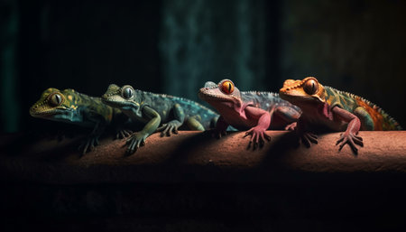 Multi colored gecko on branch in tropical rainforest generated by artificial intelligenceの素材