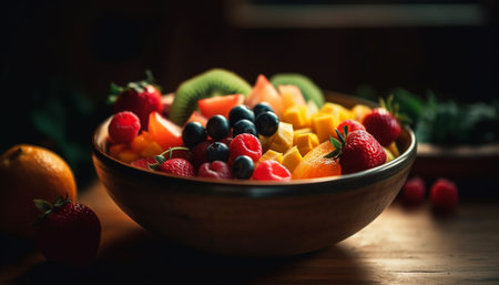 Fresh berry fruit salad on rustic wooden table generated by artificial intelligenceの素材
