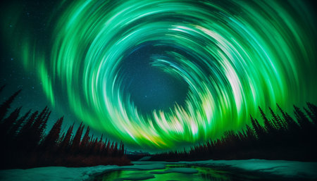 Glowing star trail illuminates dark forest landscape generated by artificial intelligenceの素材
