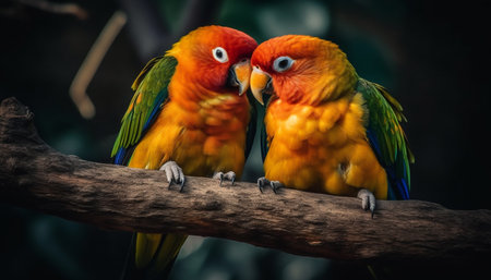 Vibrant macaw perched on branch, feathers shining generated by artificial intelligenceの素材