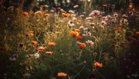 Wildflower meadow in summer, beauty in nature generated by artificial intelligenceの素材