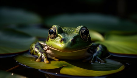 Green bullfrog sitting on wet leaf, watching generated by artificial intelligenceの素材