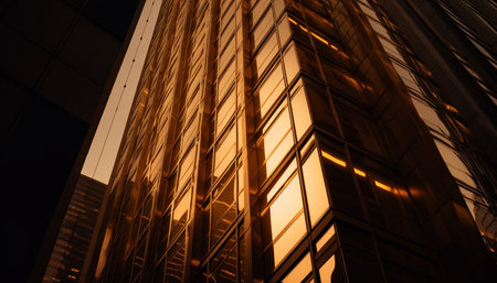 Futuristic skyscraper reflects vibrant city life at night generated by artificial intelligenceの素材