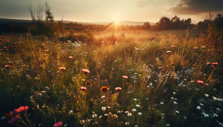Vibrant wildflowers bloom in tranquil meadow sunset generated by artificial intelligenceの素材