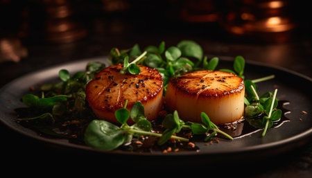 Grilled fillet and salad, a gourmet lunch generated by artificial intelligenceの素材