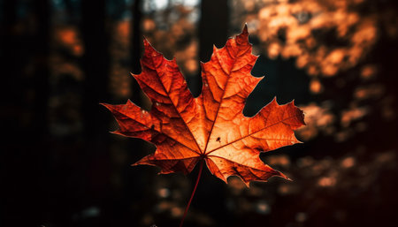 Vibrant autumn maple leaf, backlit with sunlight generated by artificial intelligenceの素材