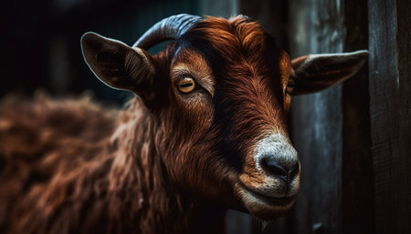 Curious goat looking at camera on farm generated by artificial intelligenceの素材