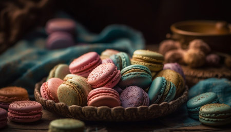 Multi colored macaroons stacked on rustic wooden table generated by artificial intelligenceの素材