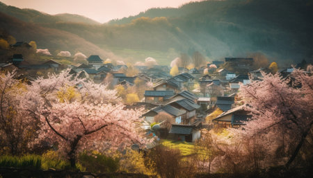 Cherry blossom tree in rural mountain landscape generated by artificial intelligenceの素材