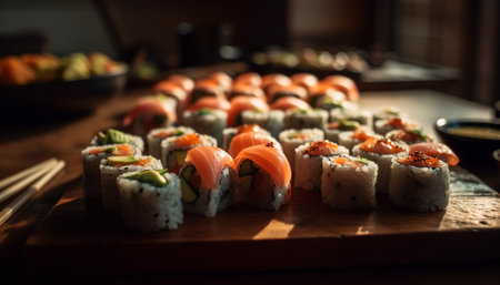 Fresh seafood meal on plate with maki sushi generated by artificial intelligenceの素材