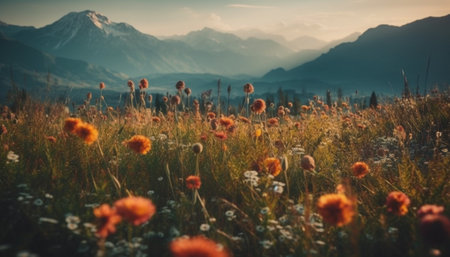 Sun kissed wildflowers bloom in tranquil meadow generated by artificial intelligenceの素材