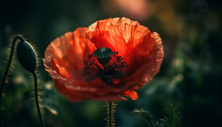 Vibrant corn poppy blossom in rural meadow generated by artificial intelligenceの素材