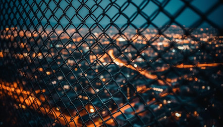 Glowing sunset backdrop illuminates futuristic steel architecture generated by artificial intelligenceの素材