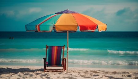 Relaxation on the beach with umbrella and chair generated by artificial intelligenceの素材