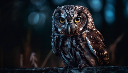 Great horned owl perching on tree branch generated by artificial intelligenceの素材