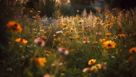 Wildflowers blossom in meadow at sunset dusk generated by artificial intelligenceの素材