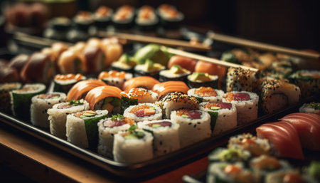Gourmet seafood plate with maki sushi variation generated by artificial intelligenceの素材