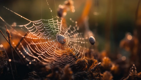 Spider web dew drop on wet leaf generated by artificial intelligenceの素材