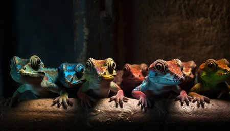 Green gecko looking at camera in nature generated by artificial intelligenceの素材