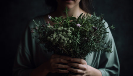Young woman holding fresh bouquet of flowers generated by artificial intelligenceの素材