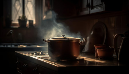 Stainless steel stove top heats cooking pan generated by artificial intelligenceの素材