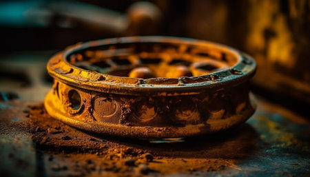 Rusty metal wheel, antique equipment in workshop generated by artificial intelligenceの素材