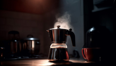 Hot coffee poured from shiny steel machinery generated by artificial intelligenceの素材